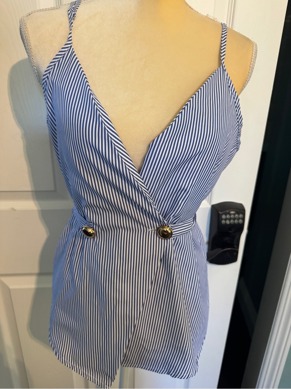 SHEIN Medium Blue White Striped Wrap Front Gold Buttons